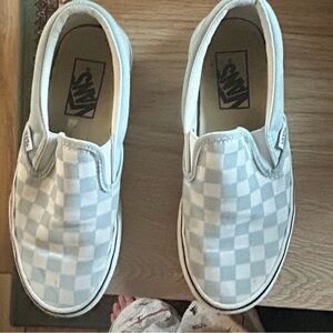 Vans Kids 4 or women’s 5.5 Slip-On Checkerboard Sneakers in light blue and White